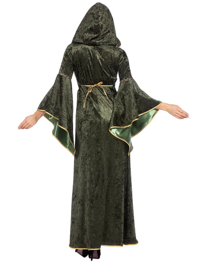 Robe médiévale longue à capuche verte luxe femme