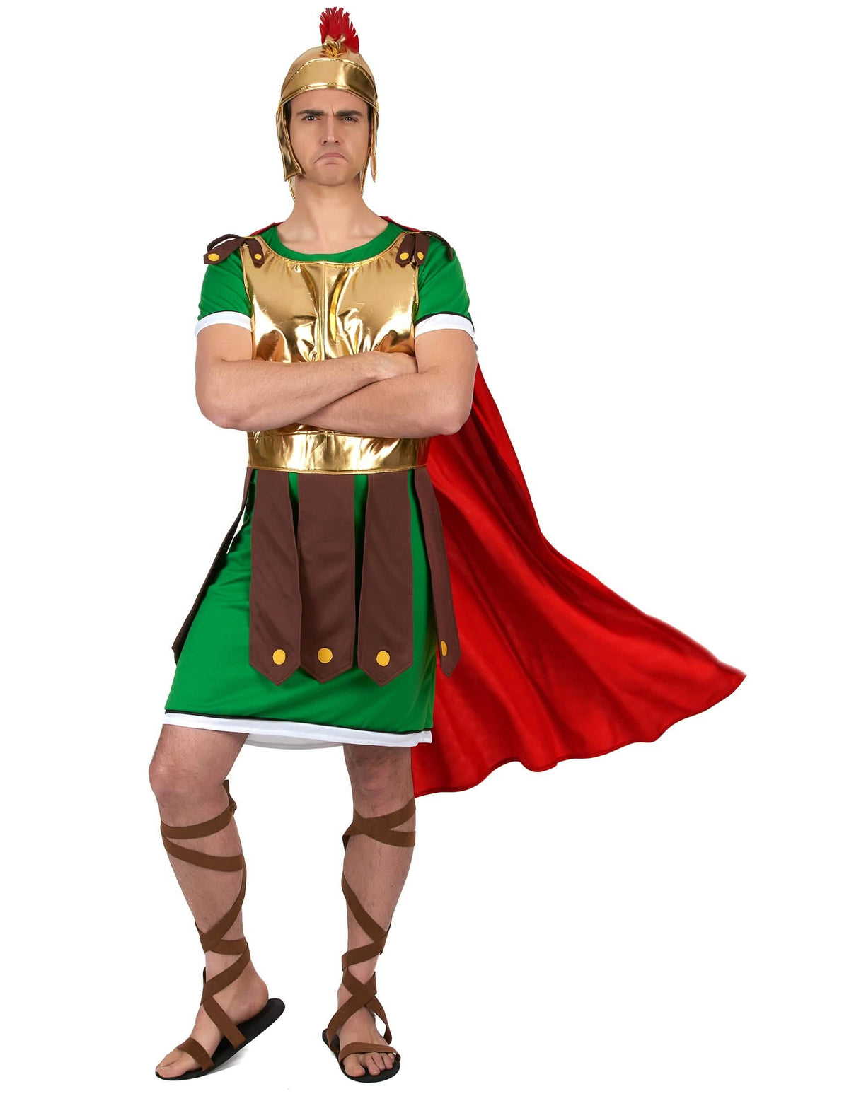 Costum de centurion roman pentru bărbat verde și auriu cu pelerină roșie