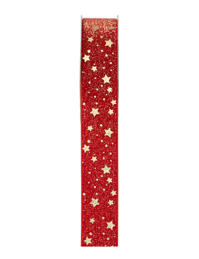 Panglică roșie cu stele aurii 2,5 cm x 3 m
