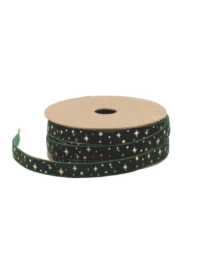 Panglică cu stele din catifea verde închis și auriu 1 cm x 3 m