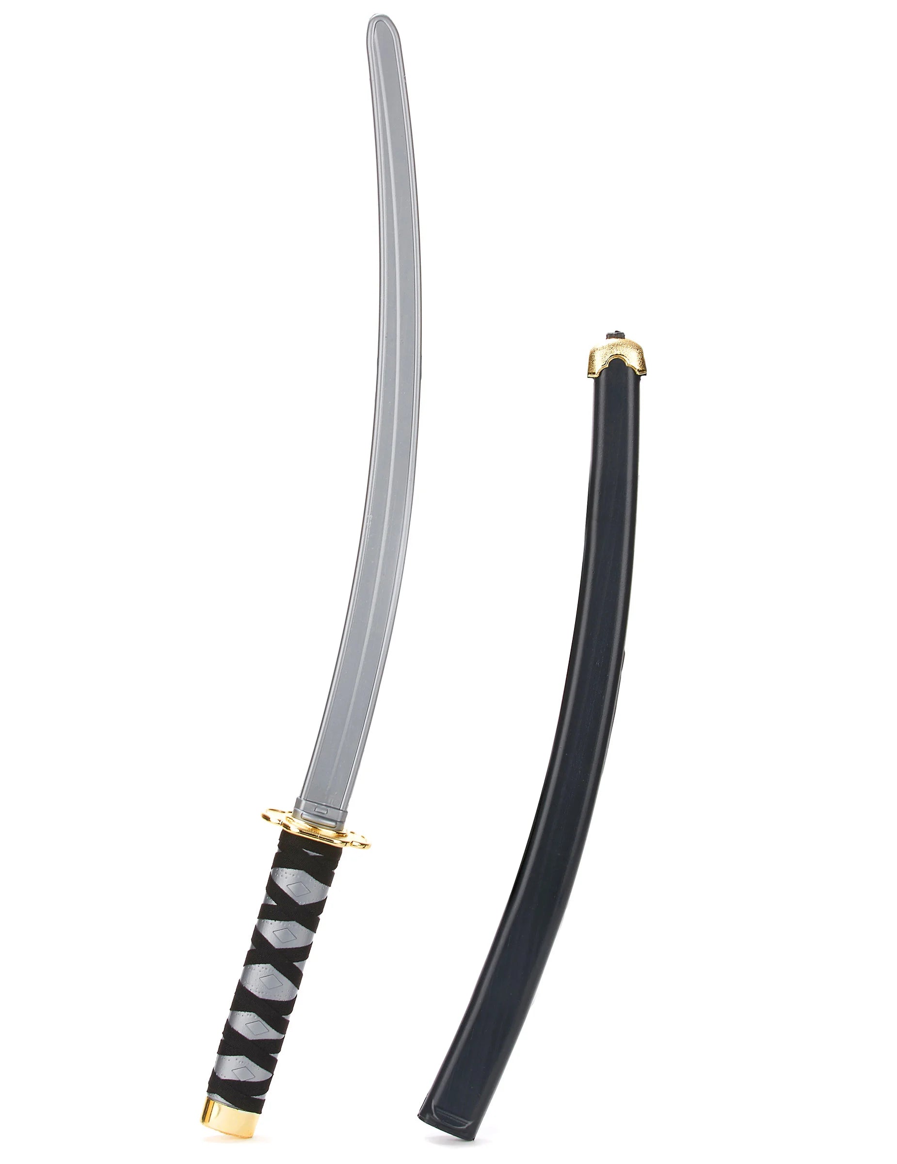 Gros plan sur la lame et le fourreau du sabre ninja en plastique pour adulte