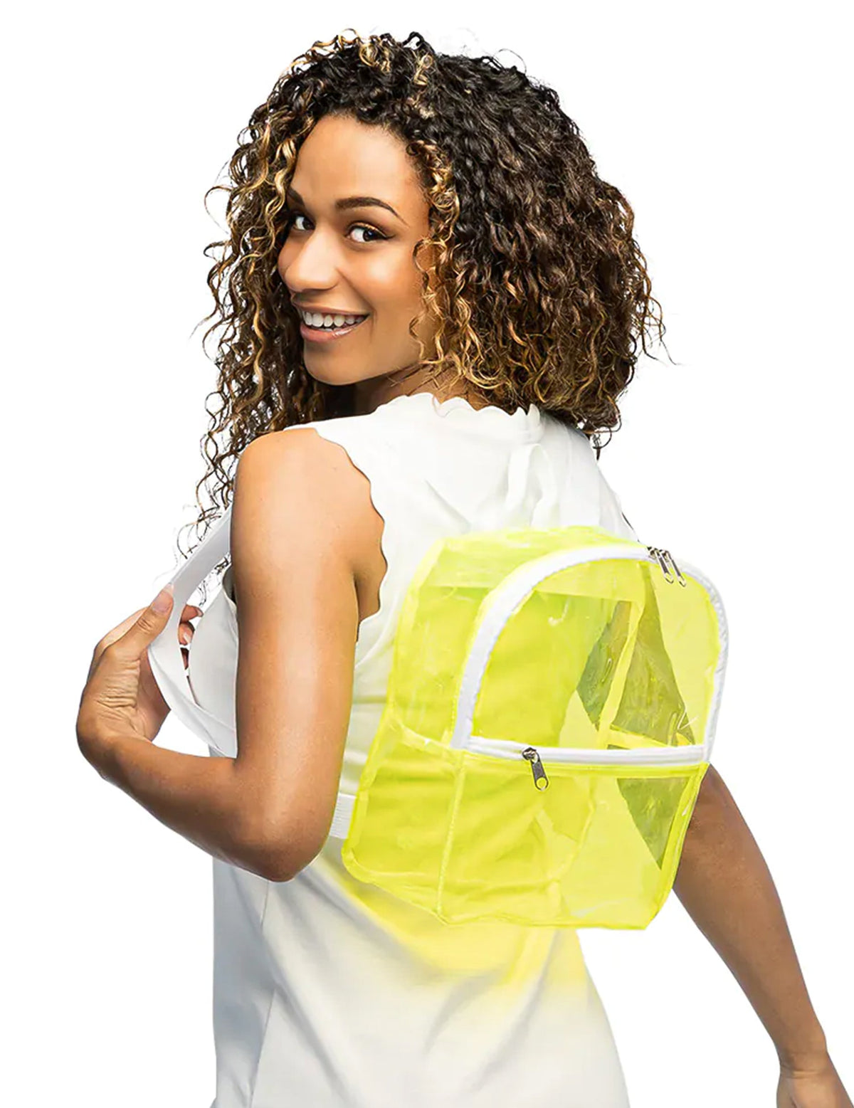 Vue de dos du sac à dos transparent pour adulte jaune fluo