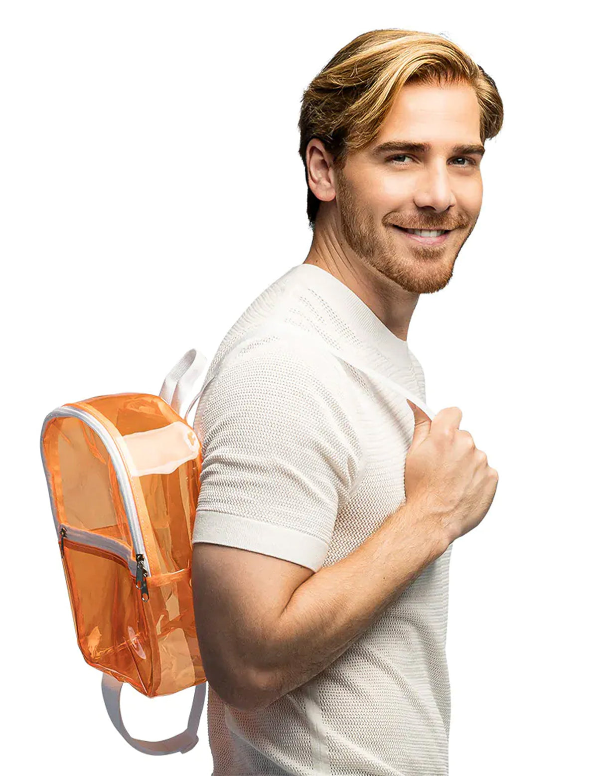 Vue de profil du sac à dos transparent pour adulte orange fluo