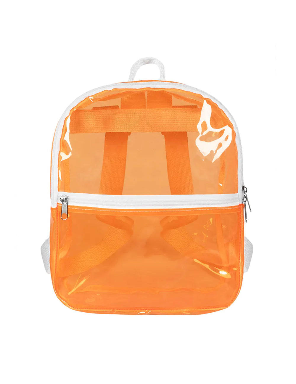 Vue de face du sac à dos transparent pour adulte orange fluo