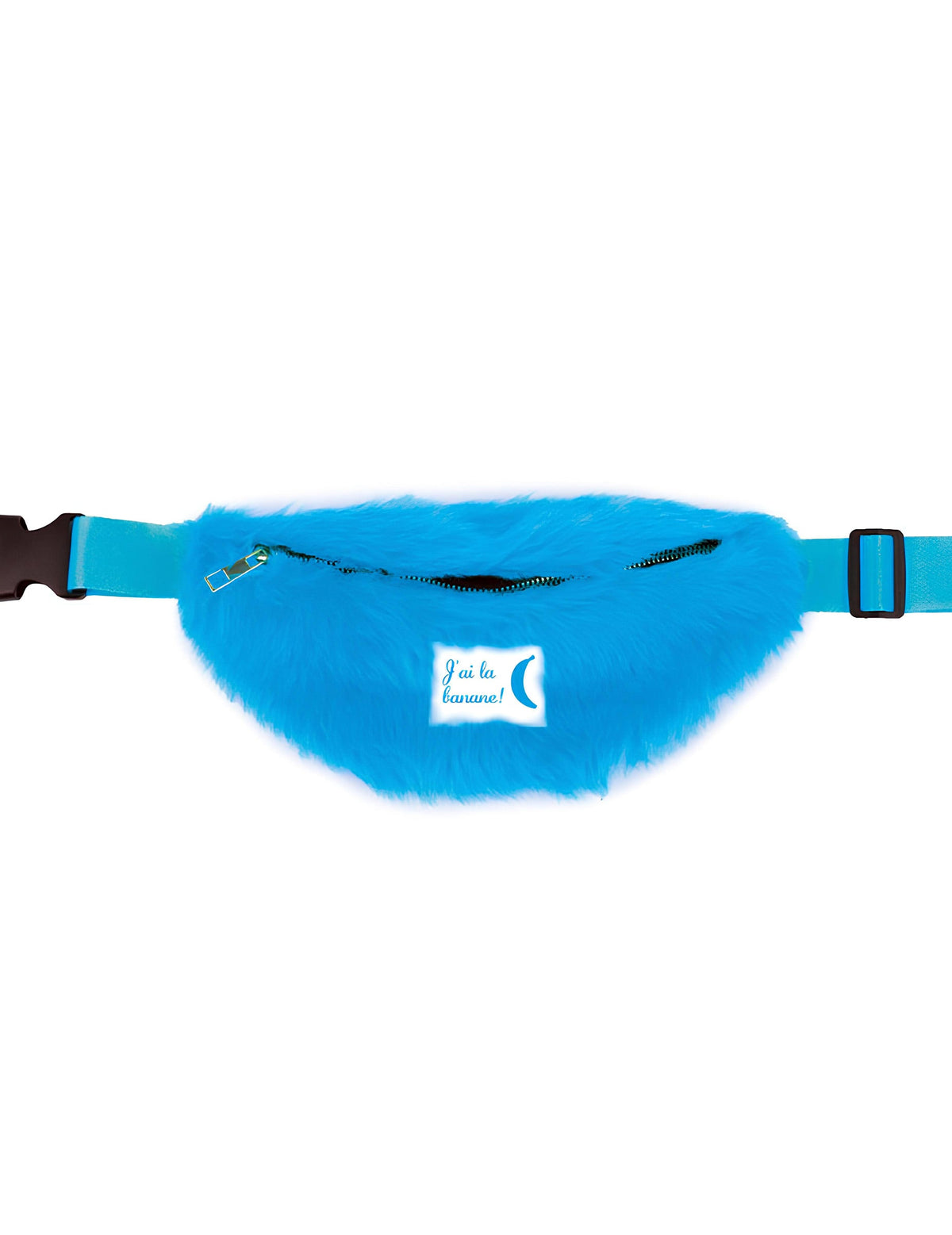 Vue de face du sac banane à poils pour adulte bleu