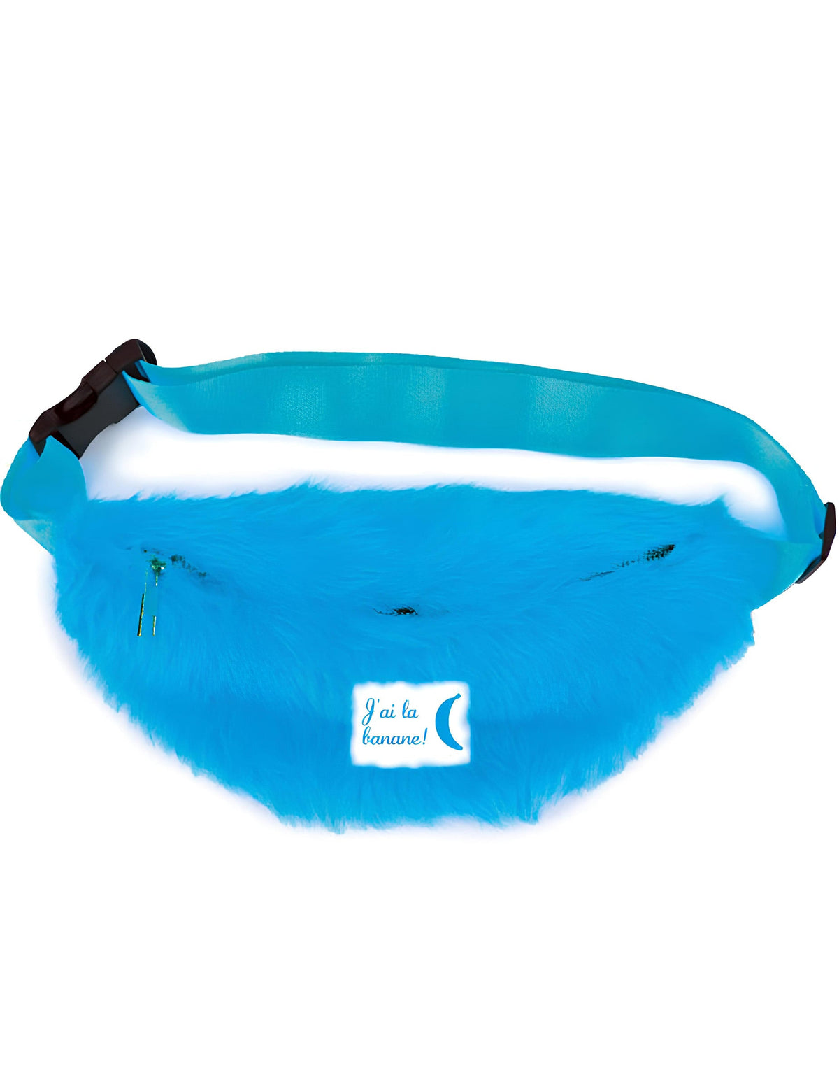 Détail de la sangle et de l'attache du sac banane à poils pour adulte bleu
