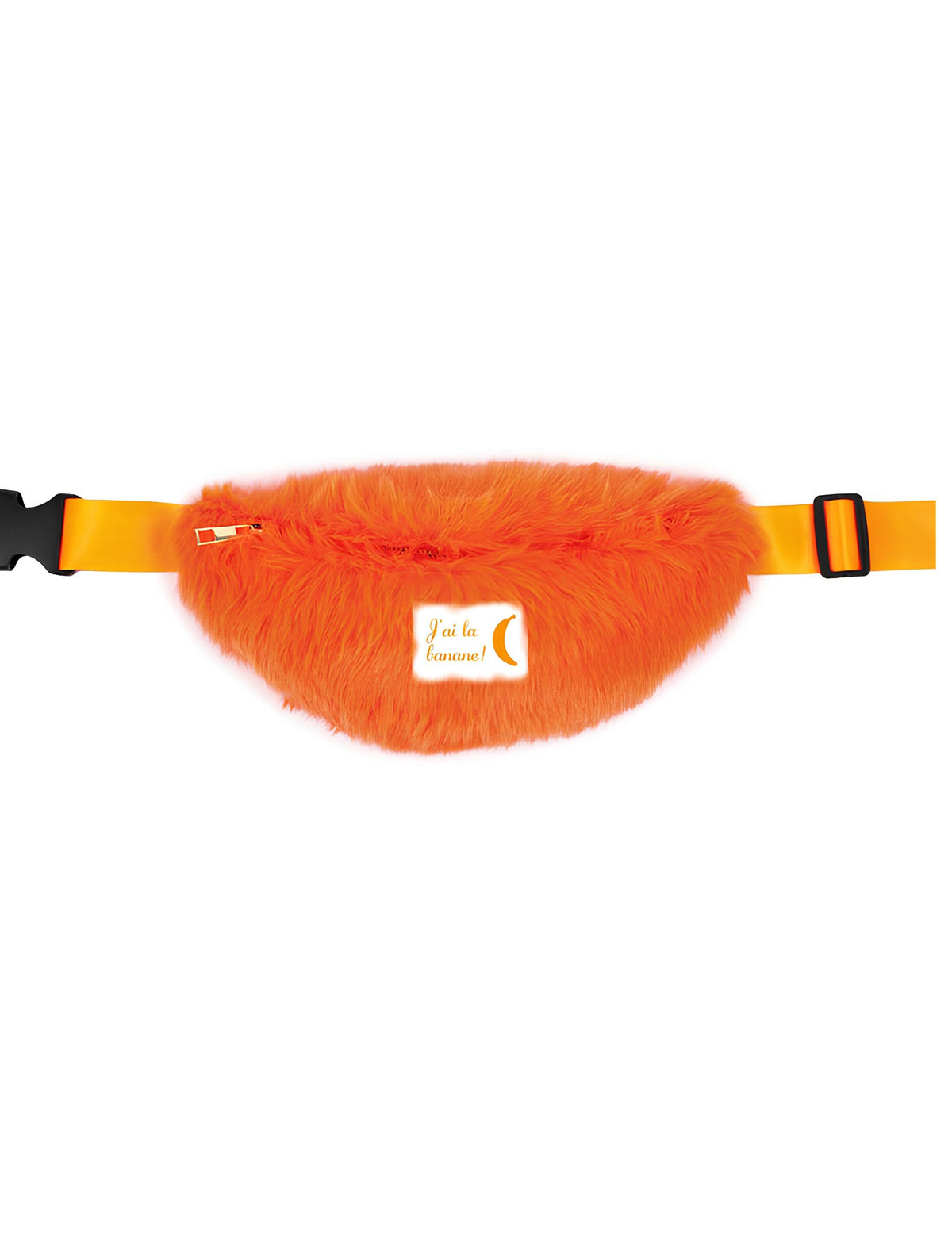Vue de face du sac banane à poils pour adulte orange avec inscription J'ai la banane