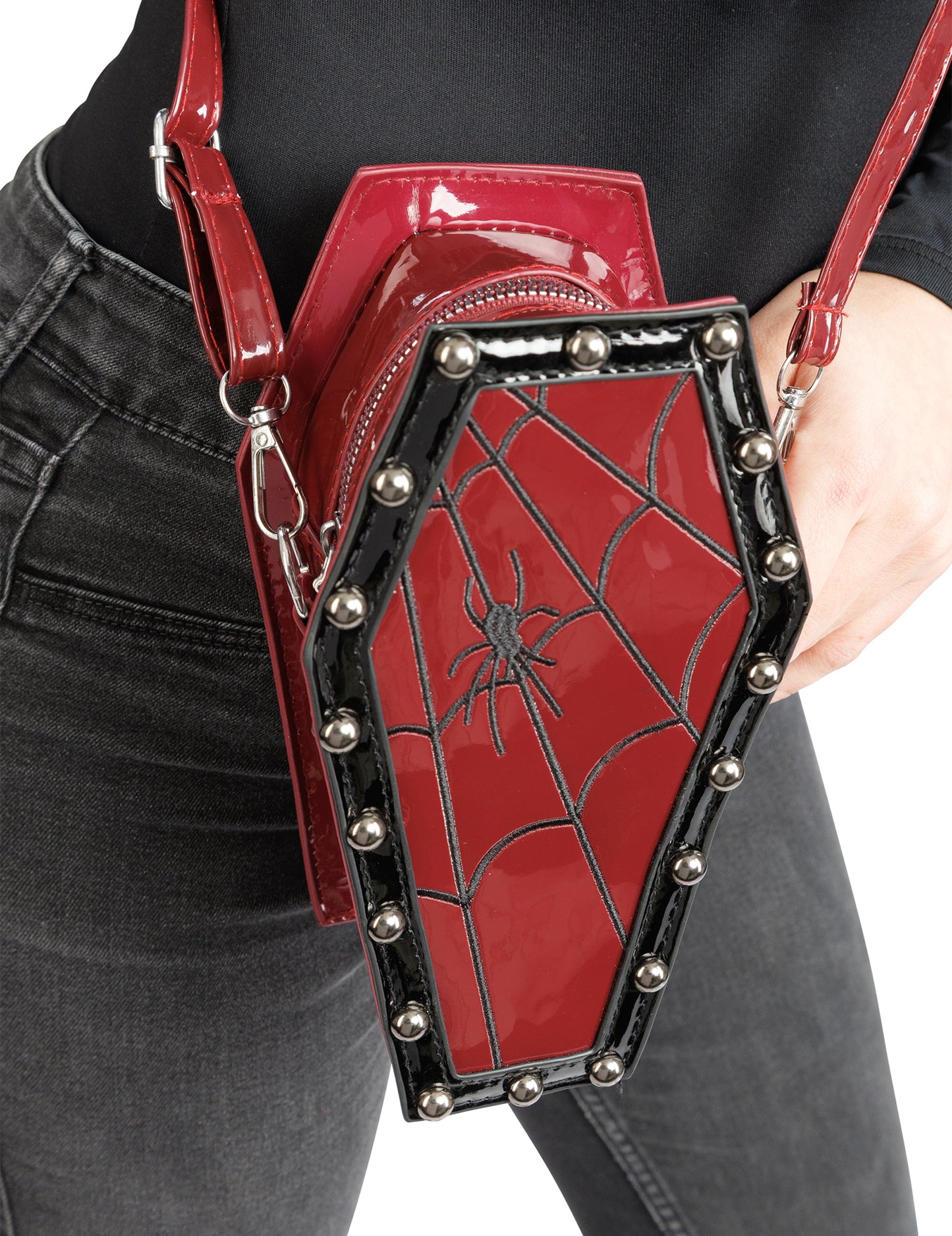 Geantă crossbody în formă de sicriu, roșu bordo