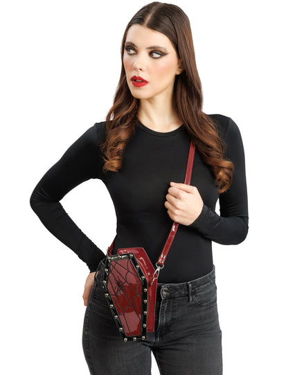 Geantă crossbody în formă de sicriu, roșu bordo