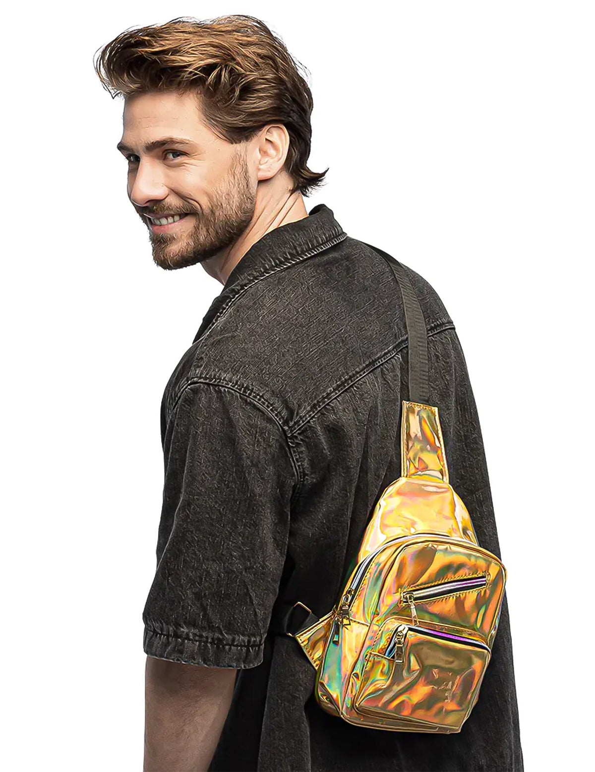 Sac bandoulière holographique deluxe pour homme or