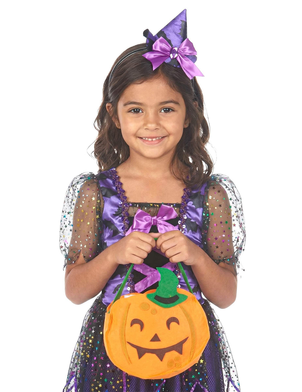 Sac halloween dovleac pentru copil portocaliu cu față și pălărie verde
