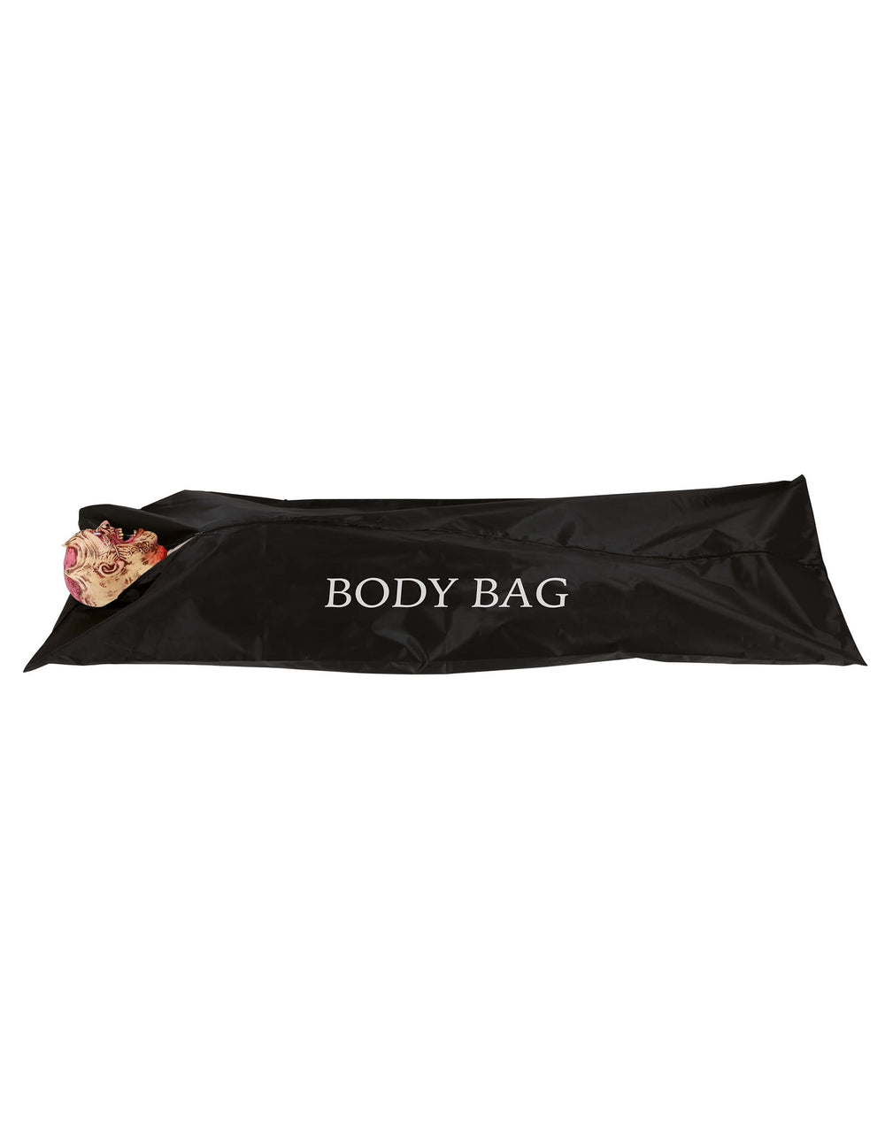 Détail de la tête de zombie dépassant du sac mortuaire de scène de crime