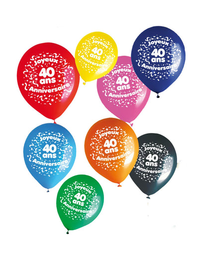 Sachet de 8 ballons 40 ans pour anniversaire multicolores