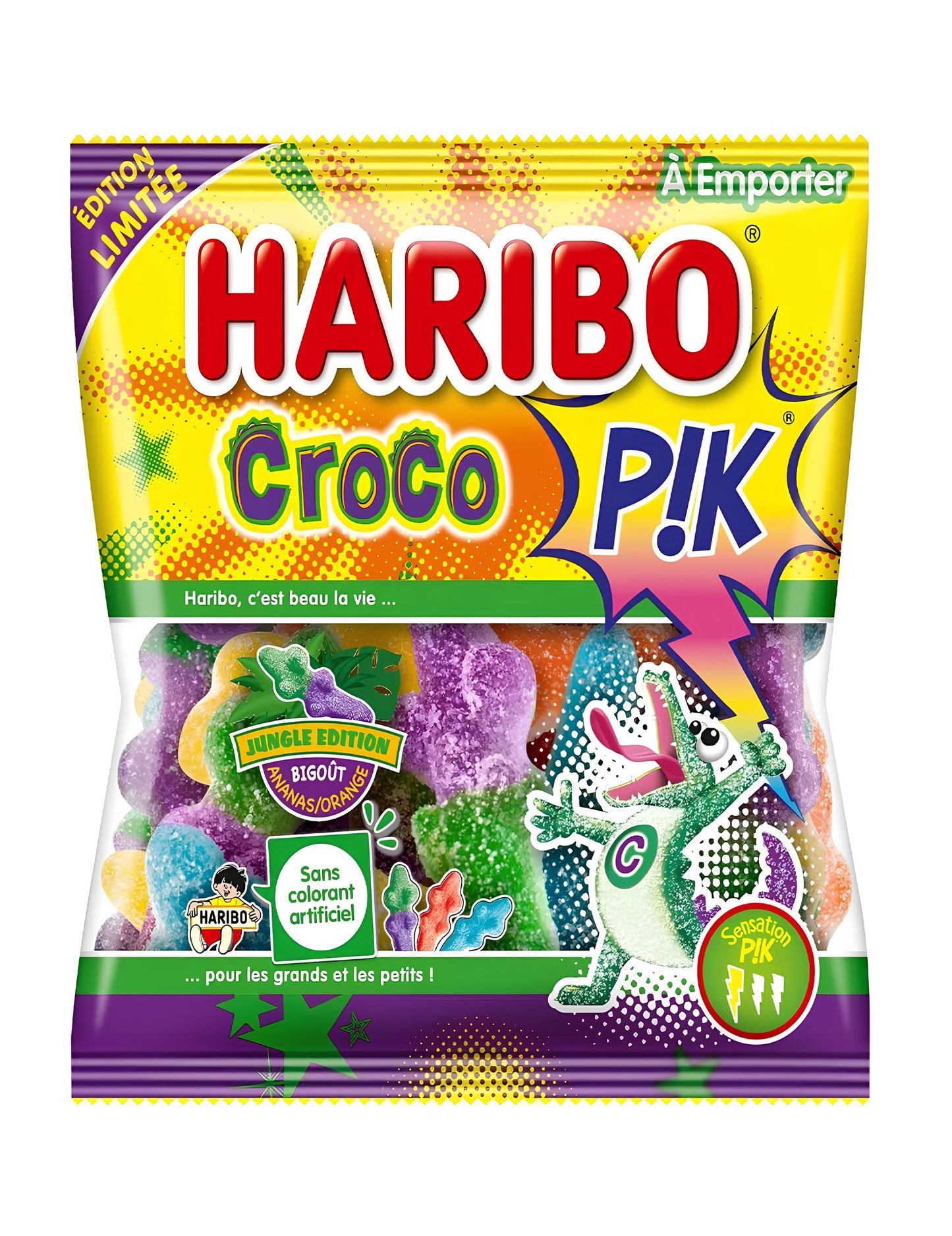 Sachet de bonbons Croco PIK Haribo pour tous acidulés Jungle Edition bigout orange et ananas