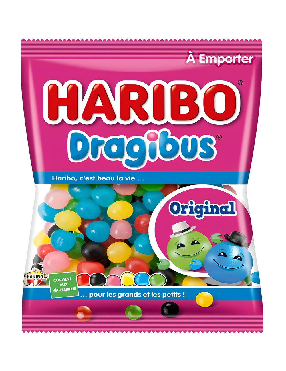 Sachet de bonbons Dragibus Haribo pour fête rose et multicolore