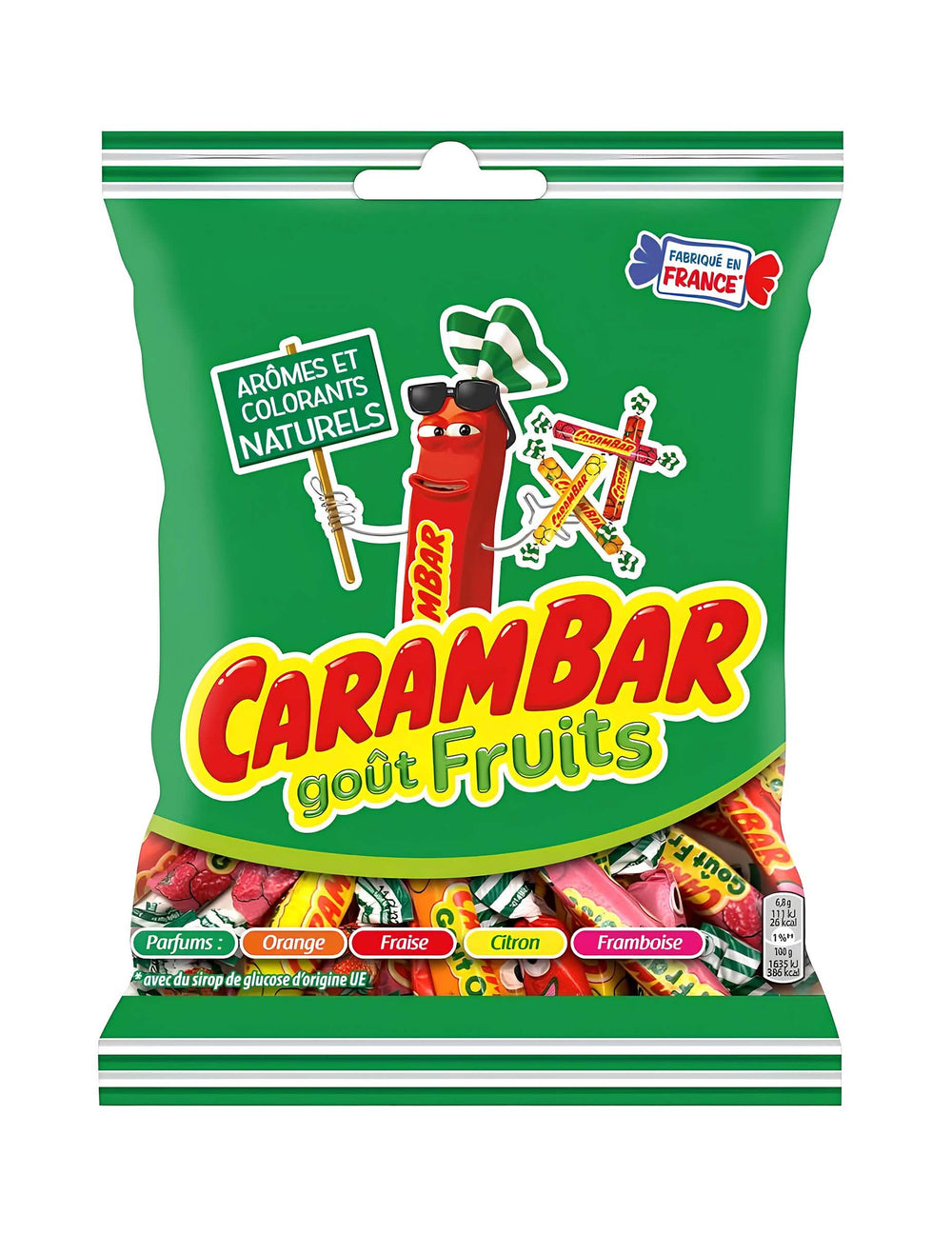 Sachet de bonbons Carambar fruits pour enfant et adulte aux parfums orange fraise citron et framboise