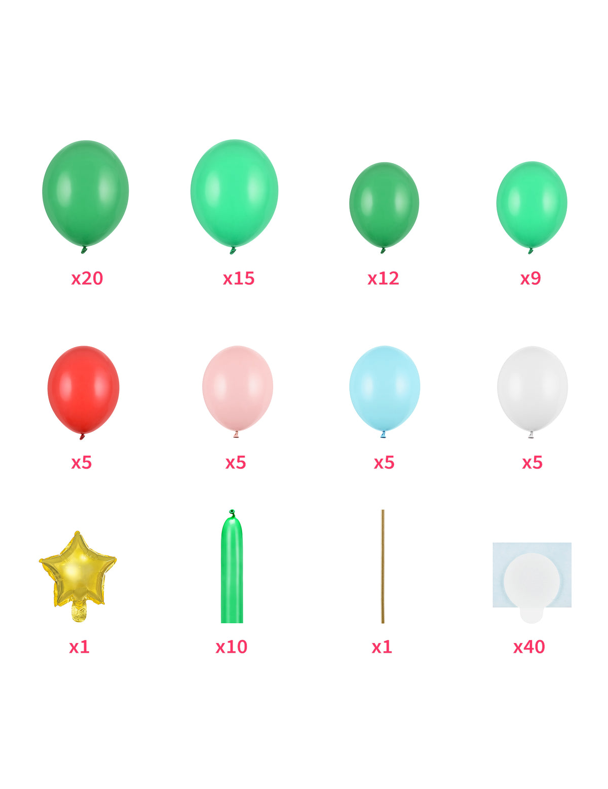 Détail des composants et accessoires du bouquet de ballons Sapin de Noël