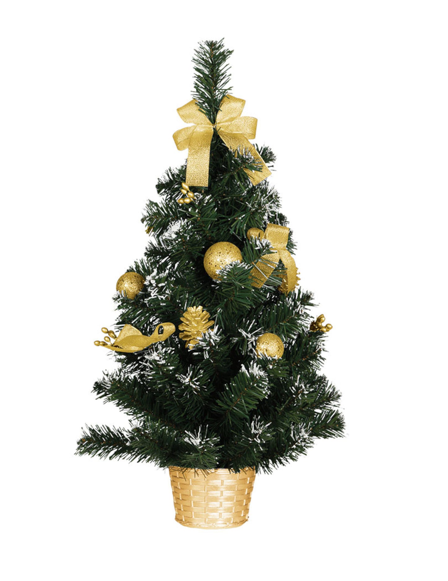 Brad de Crăciun pe suport cu decorațiuni aurii 60 cm zăpadă artificială