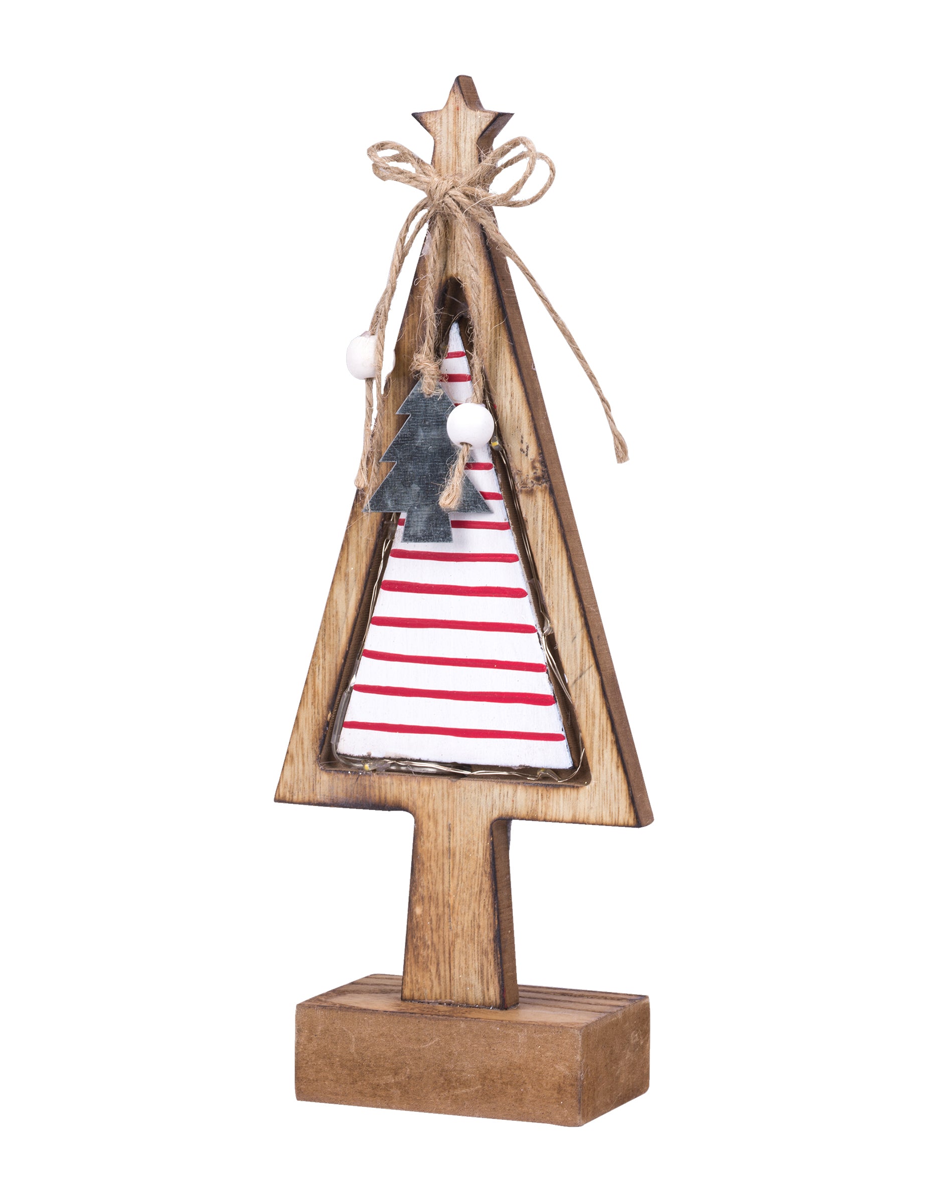 Sapin sur socle décoration Noël pour intérieur en bois lumineux à rayures rouges et blanches