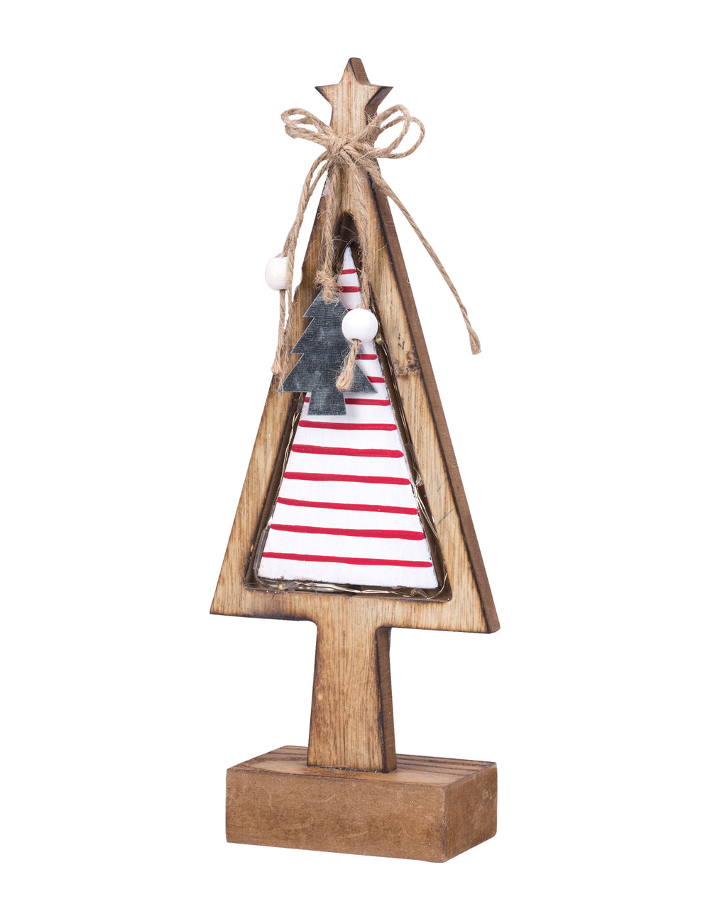 Sapin sur socle décoration Noël pour intérieur en bois lumineux à rayures rouges et blanches