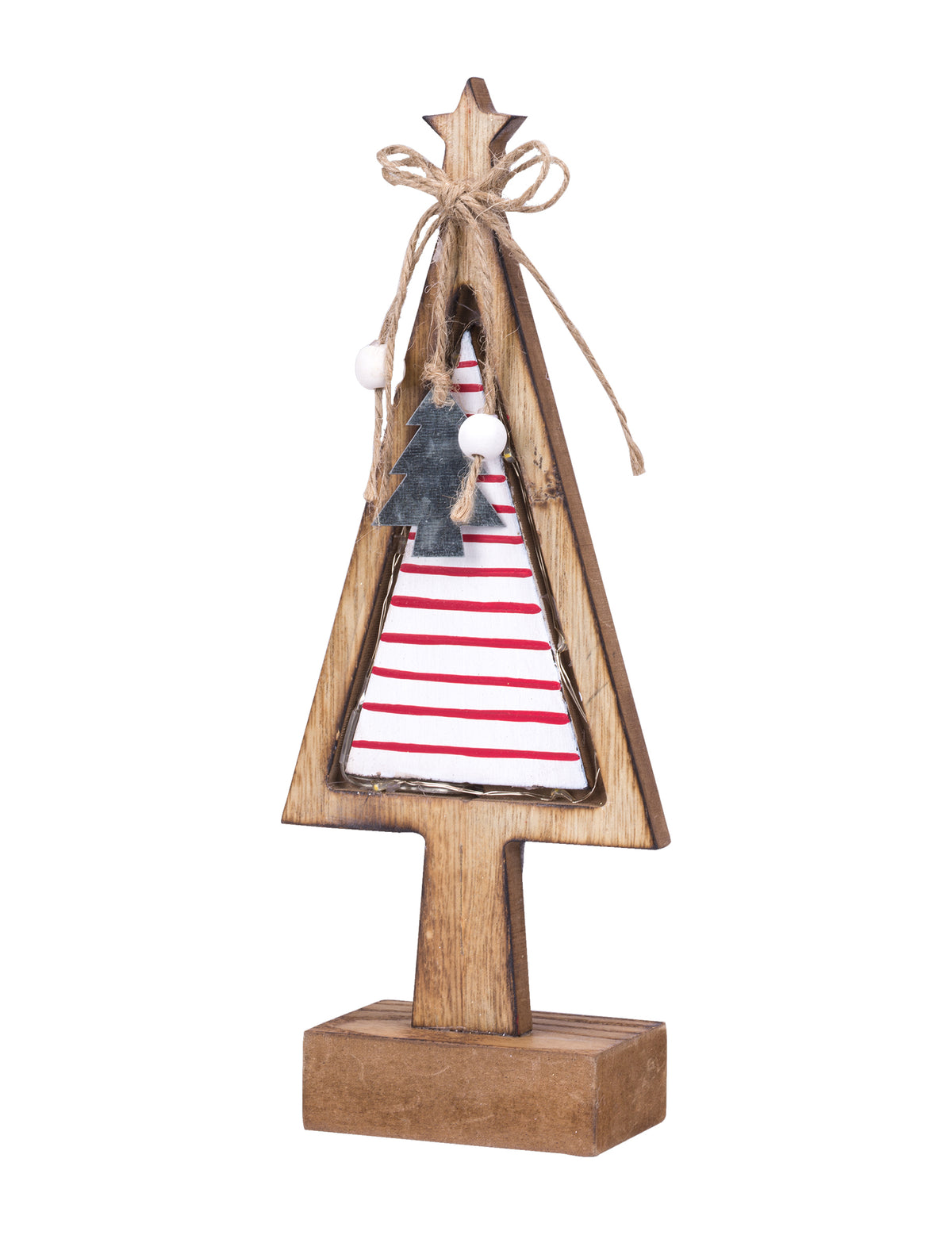 Sapin sur socle décoration Noël pour intérieur en bois lumineux à rayures rouges et blanches