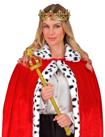 Sceptru regal pentru adulți auriu cu coroană roșie și sclipici