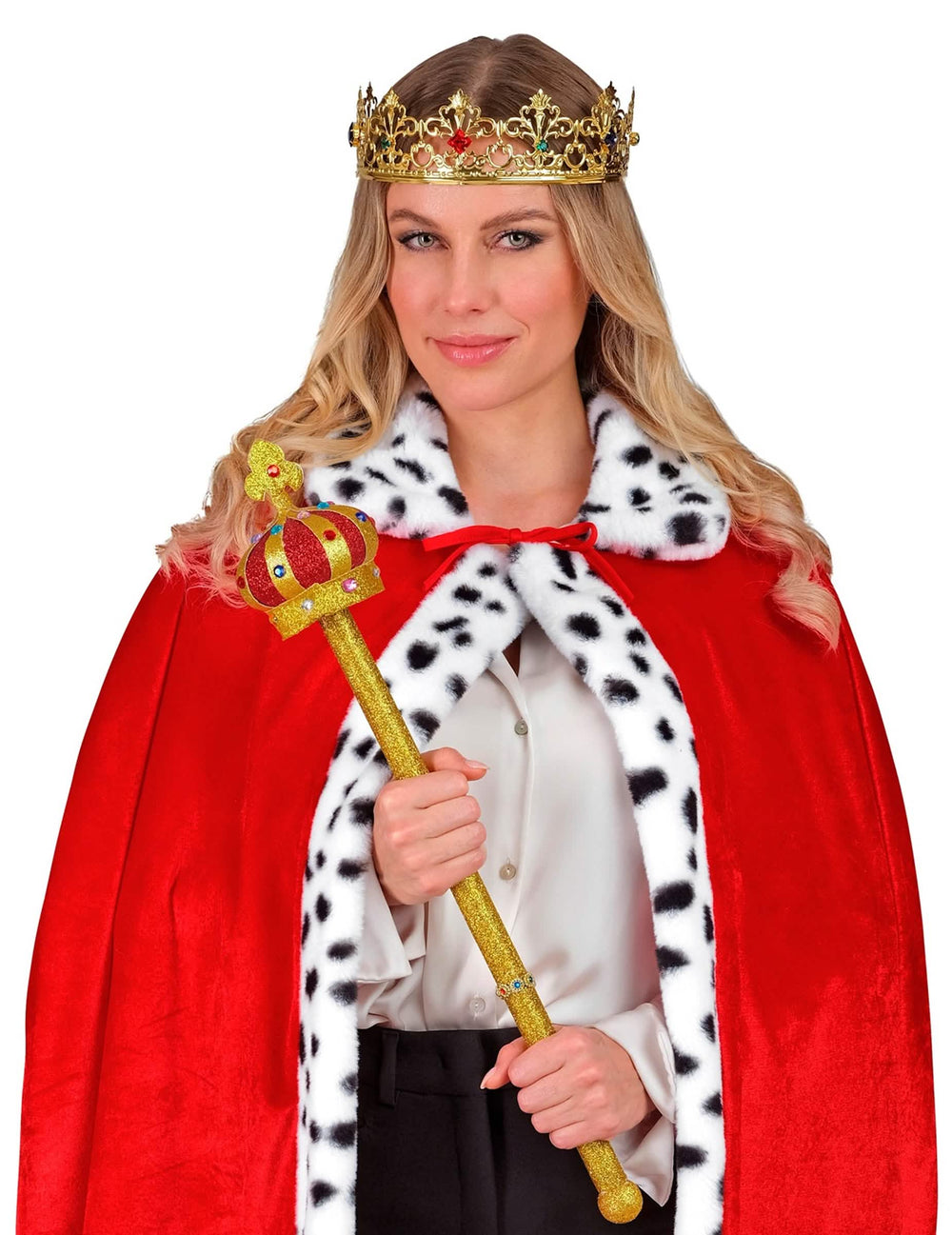 Sceptru regal pentru adult auriu cu coroană roșie și sclipici