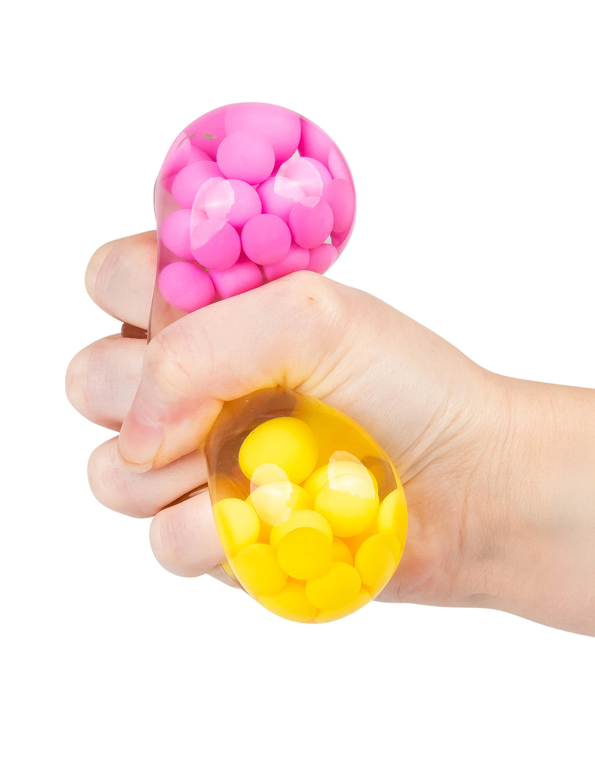 Détail des billes roses et jaunes sous pression de la balle anti-stress Scrunchems ASMR