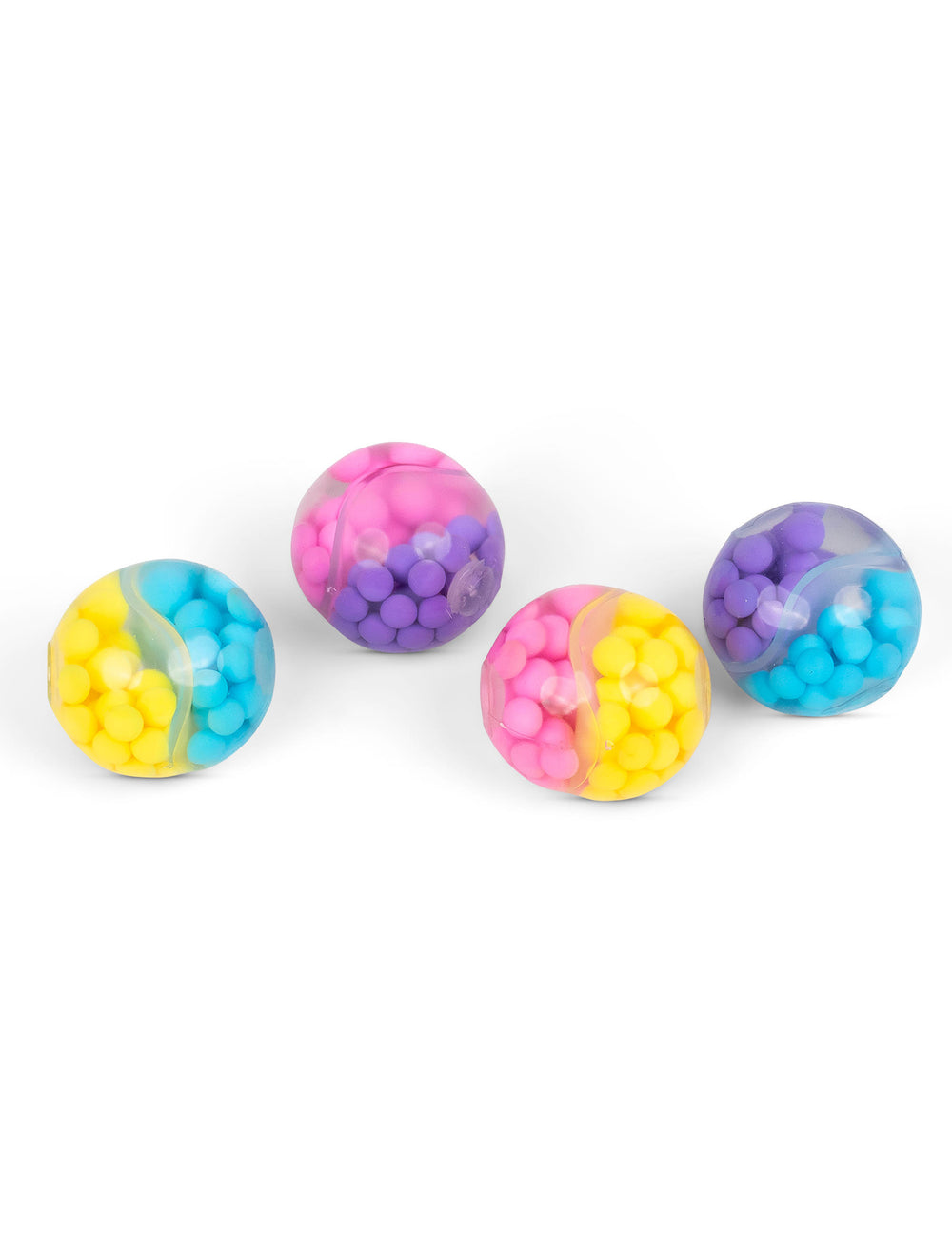 Vue des quatre coloris de la balle anti-stress Scrunchems ASMR