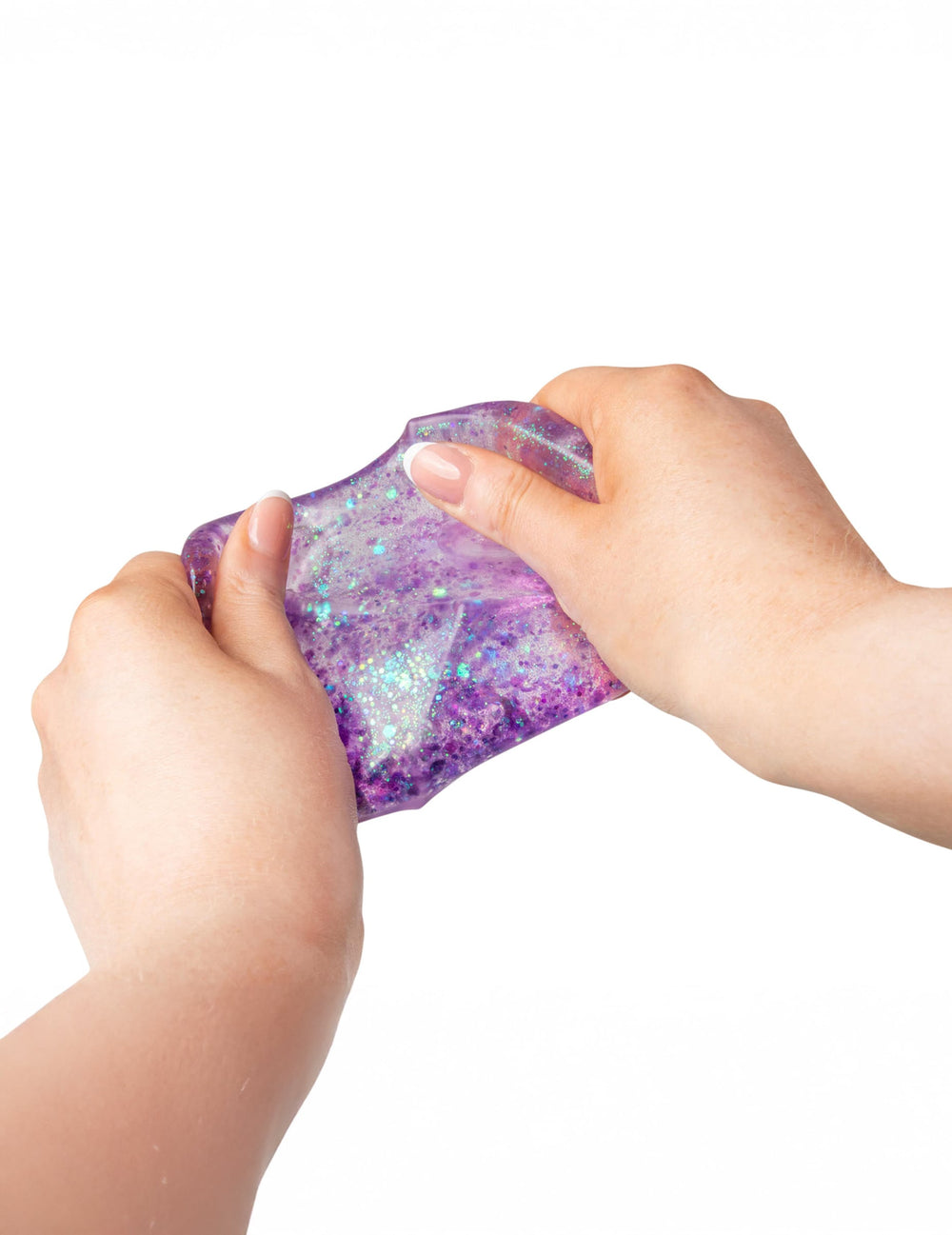 Détail de l'aspect translucide et pailleté du cube anti-stress Scrunchems