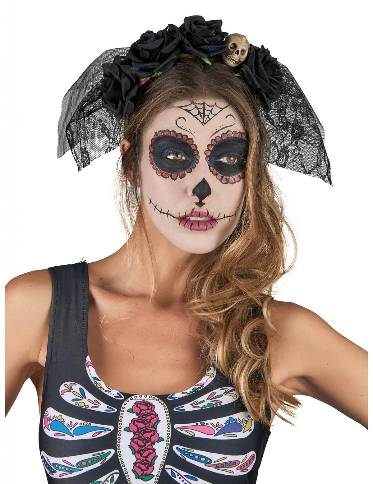 Diadem Dia De Los Muertos pentru femeie negru cu voal din dantelă și trandafiri