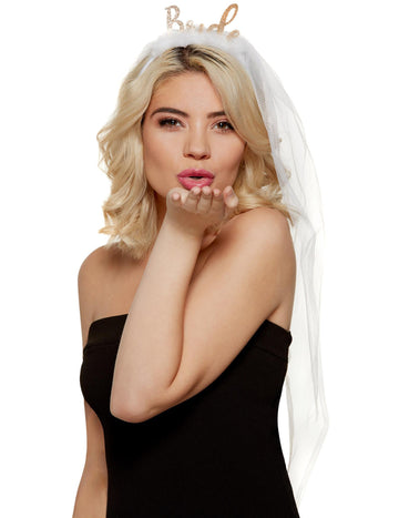 Bentiță cu voal Bride pentru EVJF, pentru femei, albă și aurie, cu sclipici