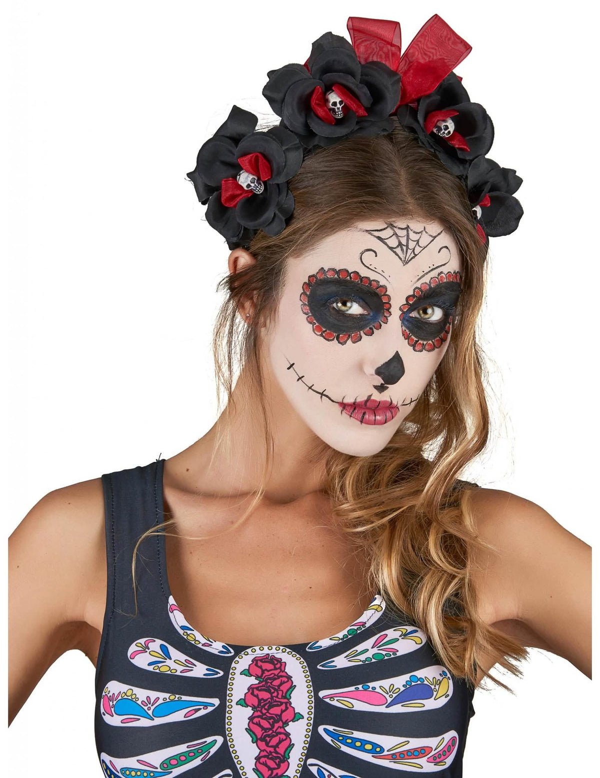 Bentită cu flori Dia De Los Muertos pentru adult negru și roșu cu cranii mici