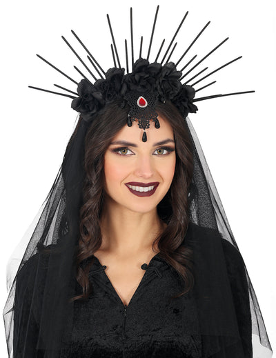 Serre-tête fleurs avec voile pour femme noir à pointes et roses noires