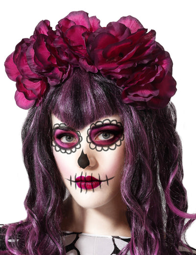 Serre-tête Dia de los muertos pour femme avec grosses fleurs roses