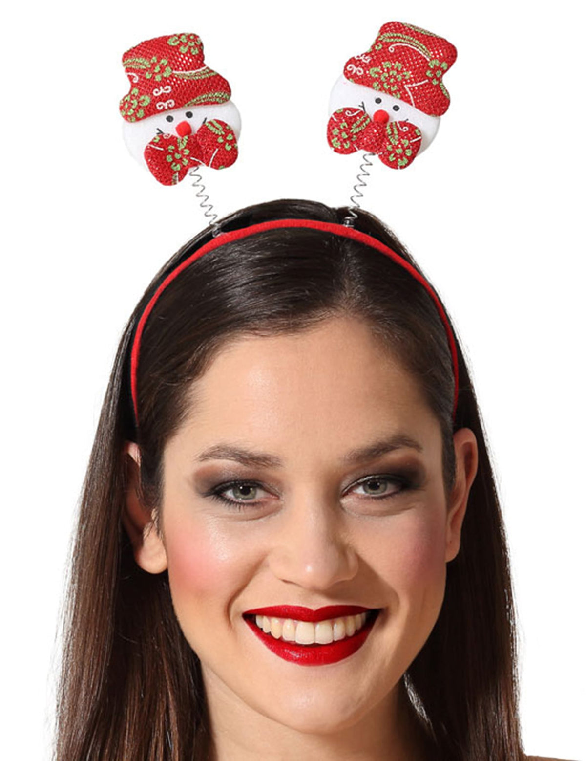 Serre-tête humoristiques bonhomme de neige pour adulte rouge avec ressorts et paillettes