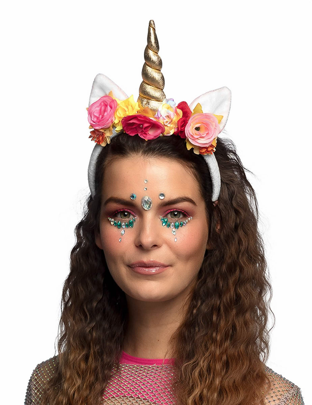 Bentiță cu unicorni fermecați pentru femeie alb cu corn auriu și flori colorate