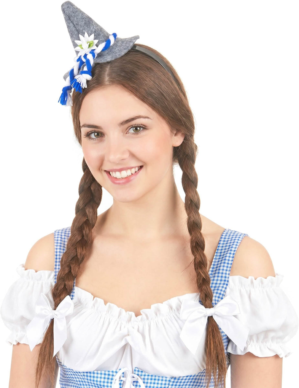 Bandă de cap mini pălărie bavarez pentru adult gri cu șnur albastru și alb și floare edelweiss