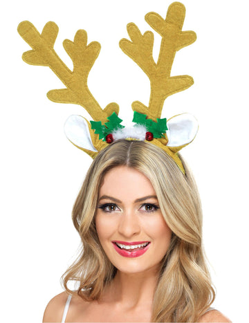 Bentiță de ren Crăciun pentru femei, maro, cu vâsc și clopoței roșii