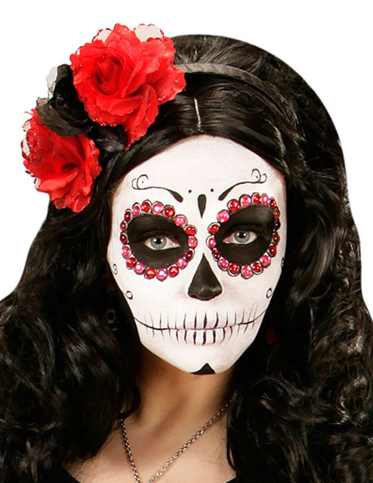 Bandă de cap Dia de los muertos pentru femeie flori roșii și negre