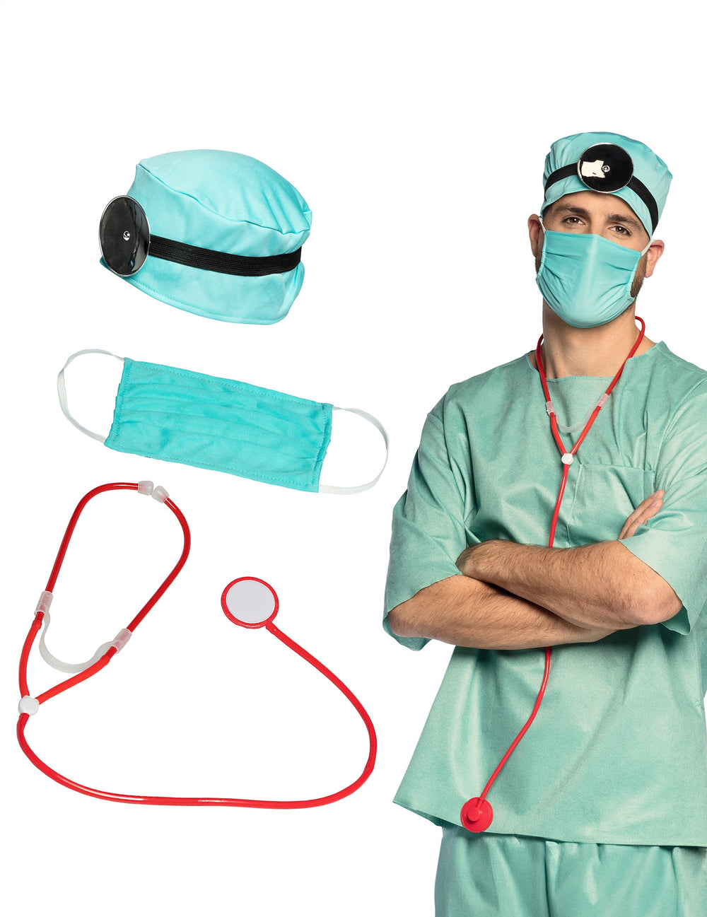 Set accessoires docteur pour adulte bleu turquoise et rouge avec stéthoscope et miroir frontal