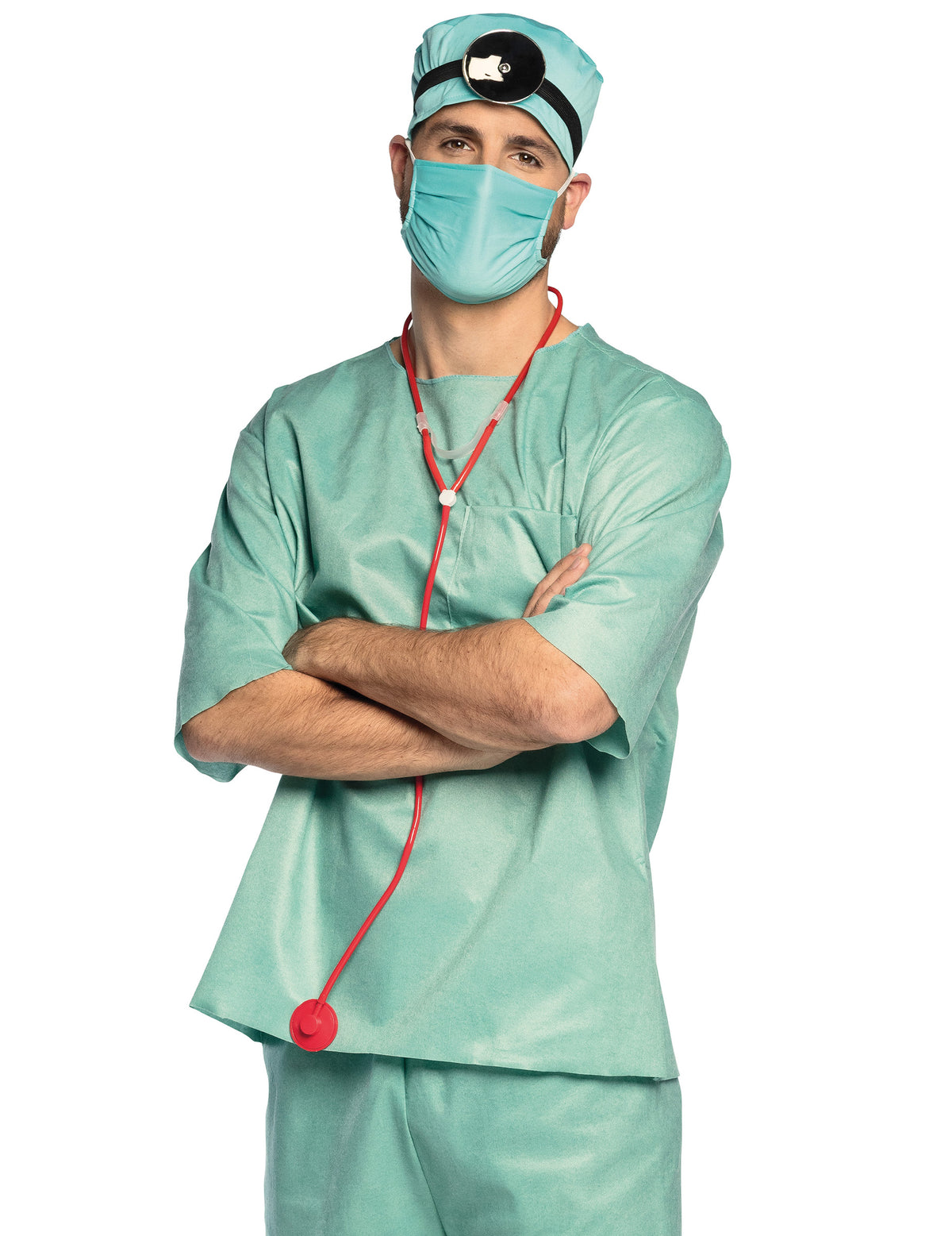 Set accessoires docteur pour adulte vert avec masque et stéthoscope rouge
