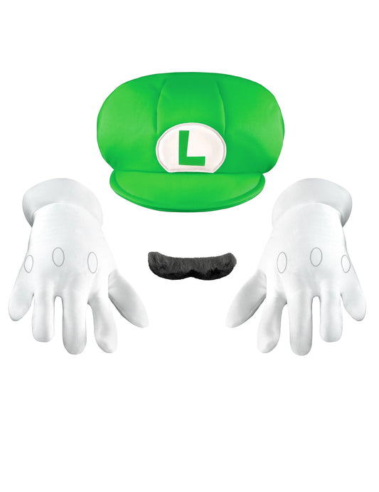 Vue d'ensemble de la casquette, des gants et de la moustache du Set accessoires Luigi™ pour adulte