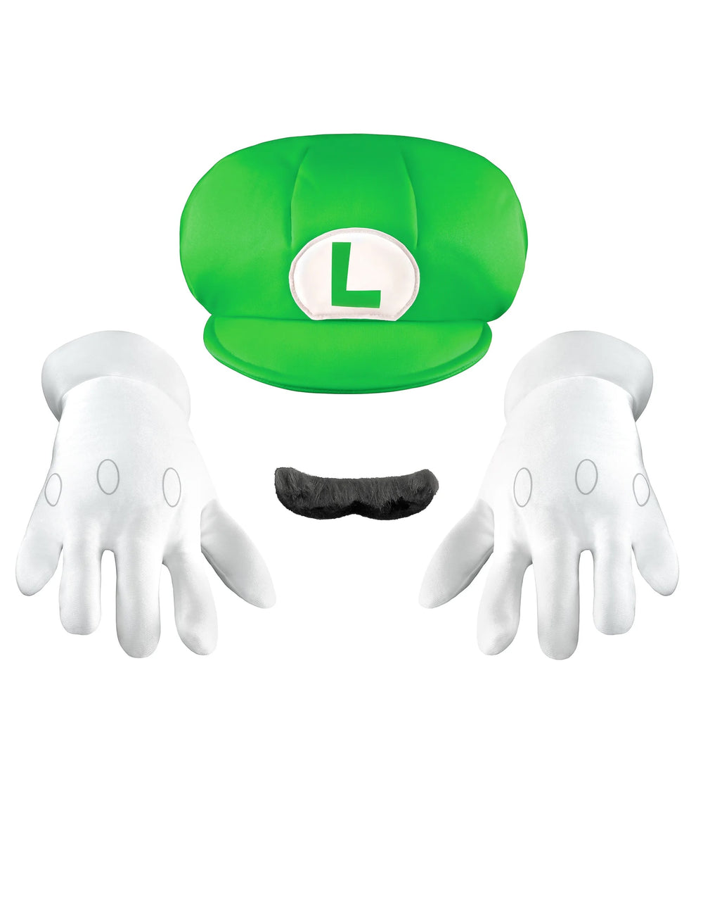 Vue d'ensemble de la casquette, des gants et de la moustache du Set accessoires Luigi™ pour adulte