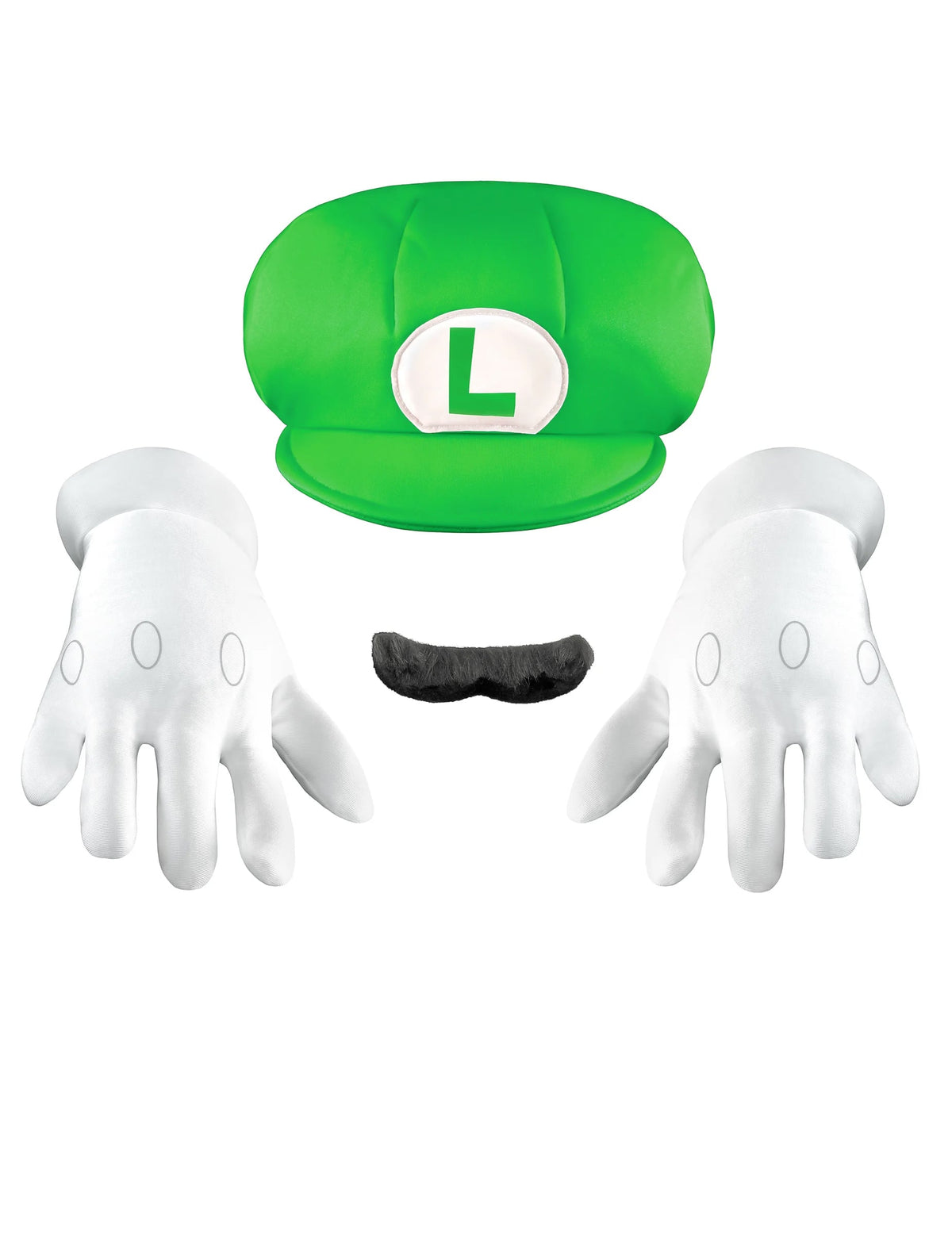 Vue d'ensemble de la casquette, des gants et de la moustache du Set accessoires Luigi™ pour adulte