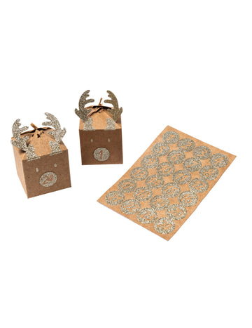 Set calendar de advent cu reni argintii, autocolante și sfoară, 5 x 7,5 cm în hârtie kraft