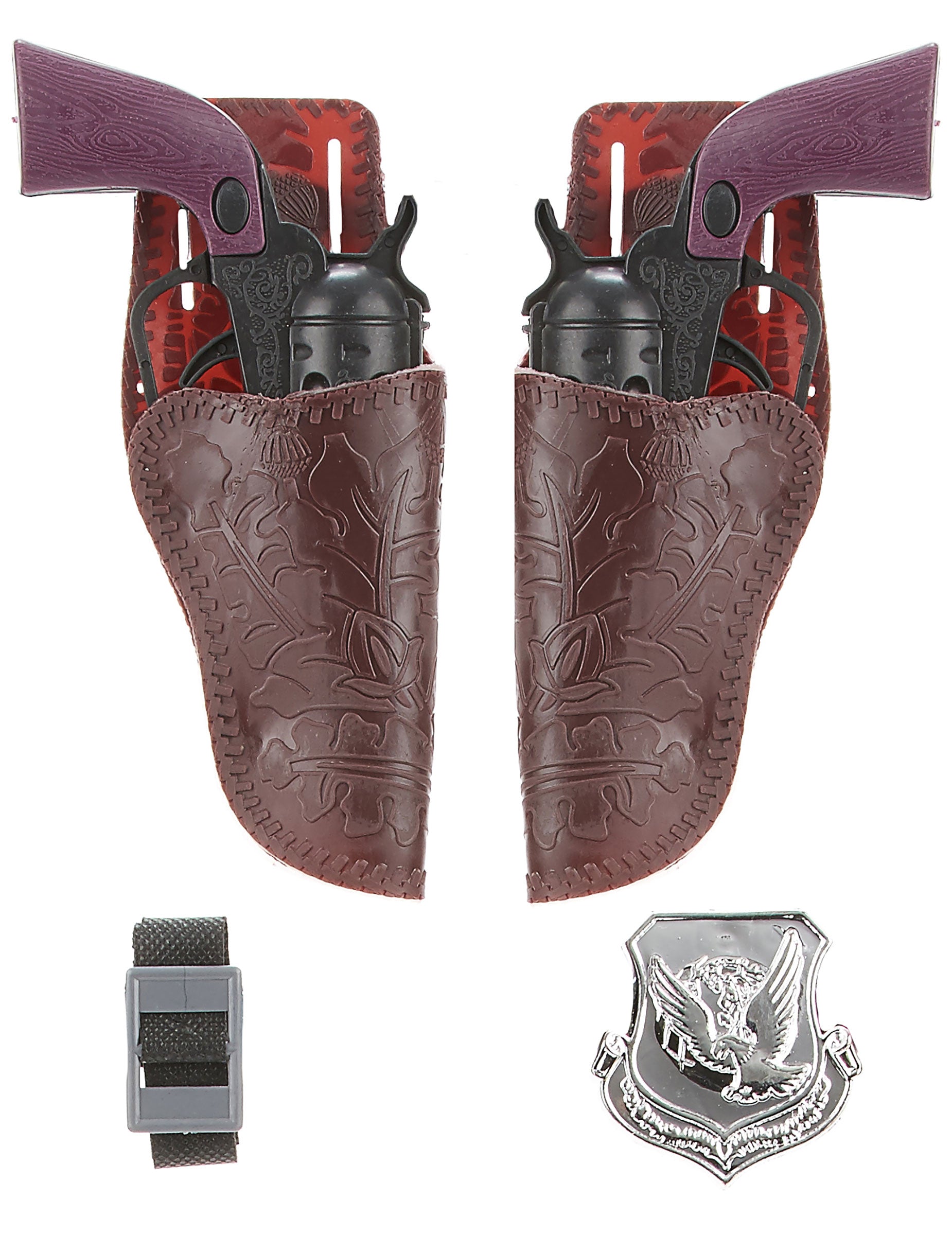 Set de 2 pistolets cow boy pour enfant avec holsters marrons et insigne de shérif