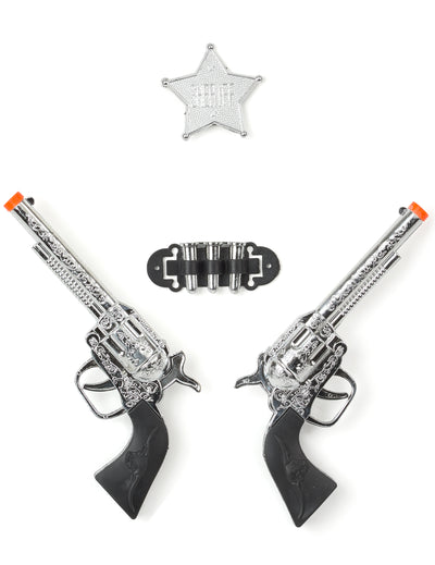 Set de 2 pistolets en plastique de cowboy pour enfant argent avec étoile de shérif