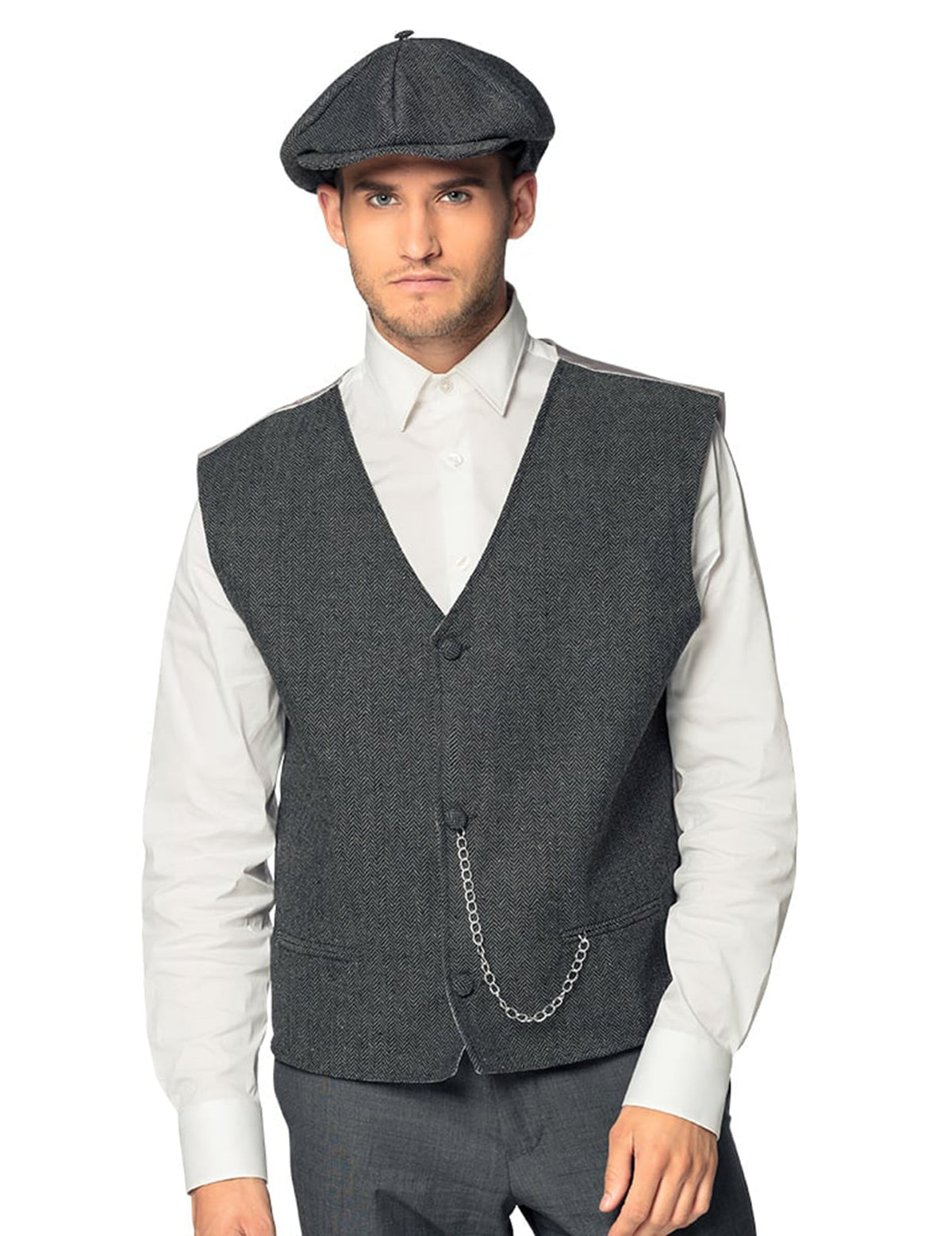 Set déguisement années 20 pour homme gris avec gilet à chevrons et casquette