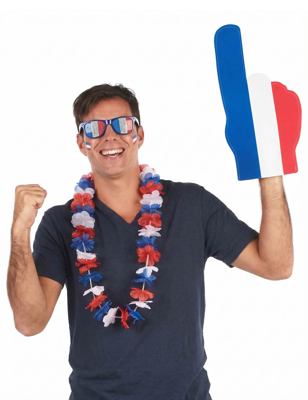 Set de suporter franța pentru adult cu ochelari, colier hawaii și mână uriașă albastru alb roșu
